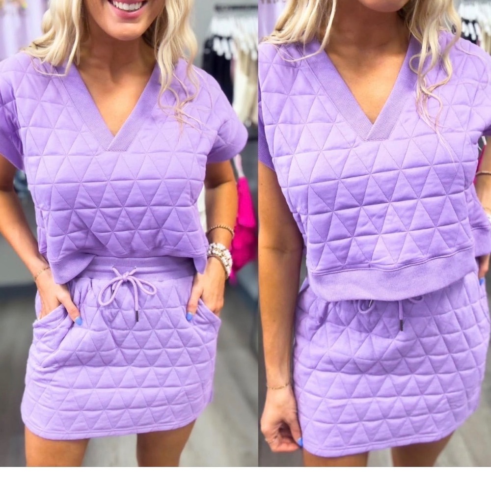Entro Lavender Purple Quilted Triangle V-Neck Top and‎ Mini Skirt Set Womens M